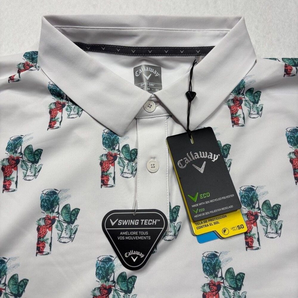 NWT Callaway Men’s 3X Polo Golf Shirt / Bright White w/ Strawberry Cocktail $94